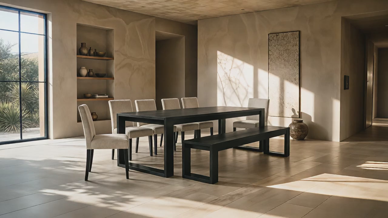 Load video: Richmond Pine Dining Table 240cm with 8 Chairs - Black