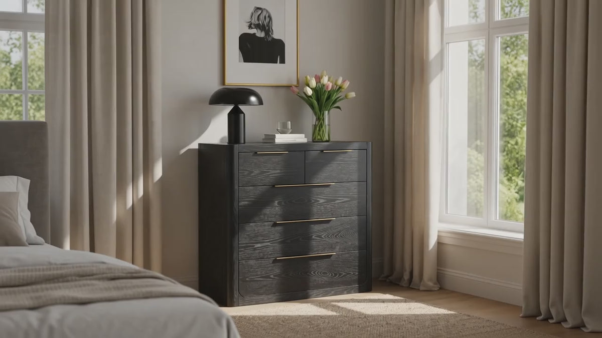 Load video: Liverpool Pine 5 Drawer Tallboy - Black