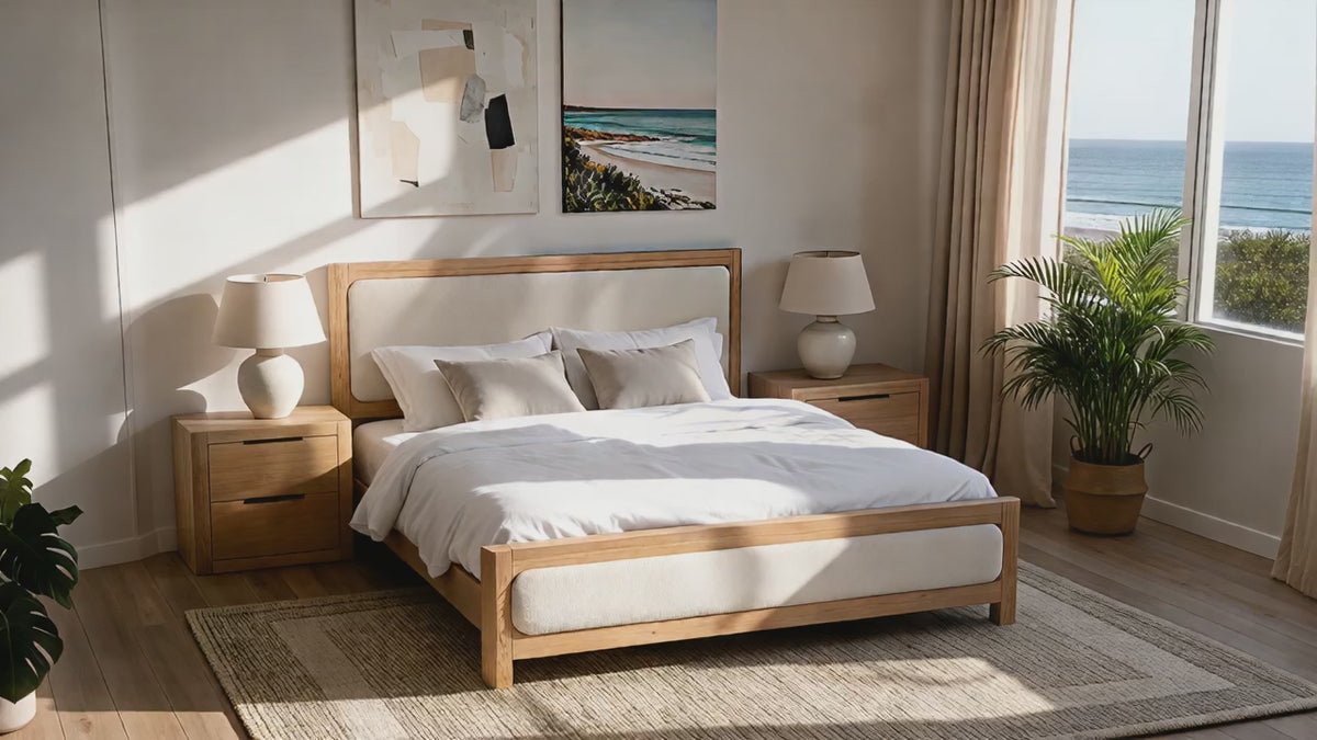 Load video: Liverpool Pine Double Bed Frame - Natural