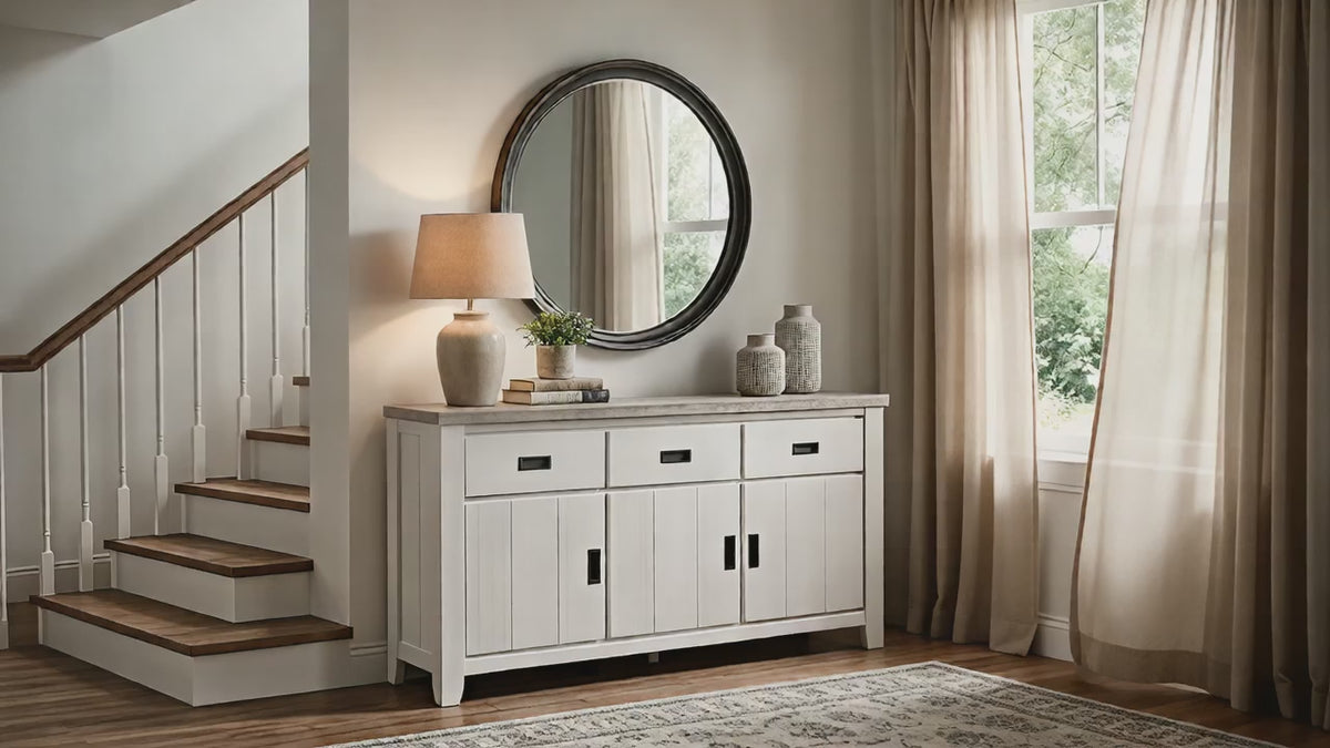 Load video: Byron Acacia 3 Door 3 Drawer Sideboard