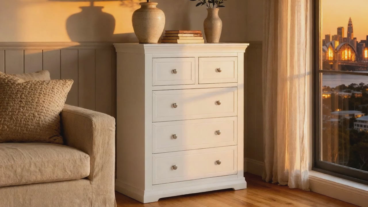 Load video: Manchester Pine 5 Drawer Tallboy
