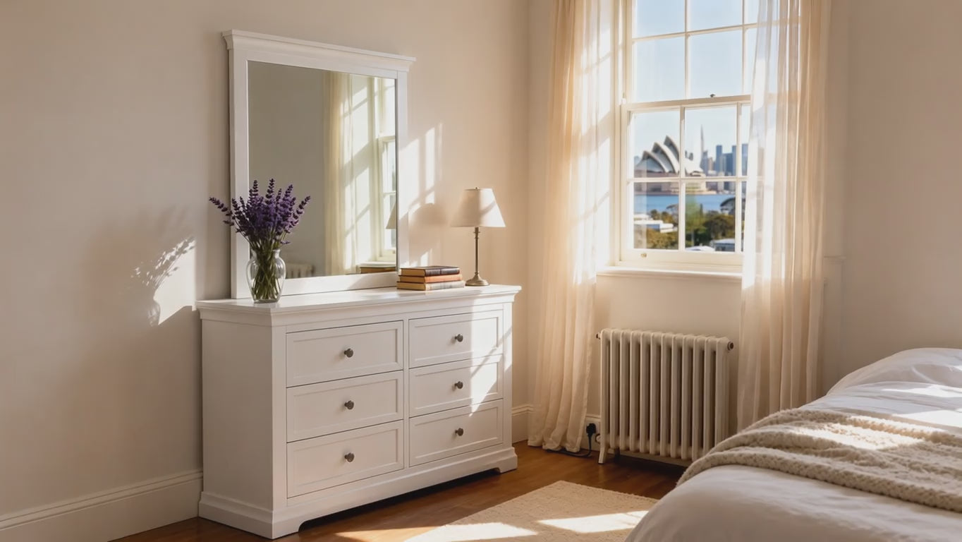 Load video: Manchester Pine 6 Drawer Chest With Mirror
