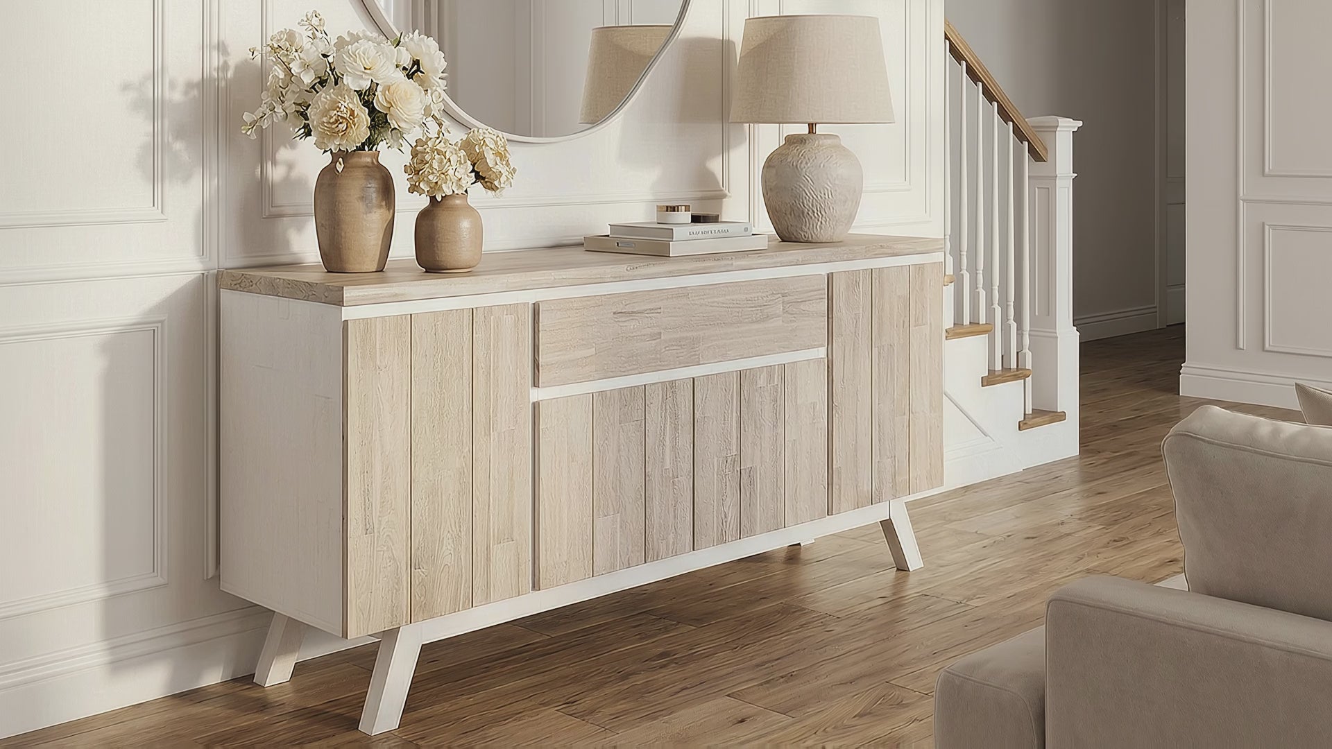 Load video: Oxford Acacia 4 Door 1 Drawer Sideboard