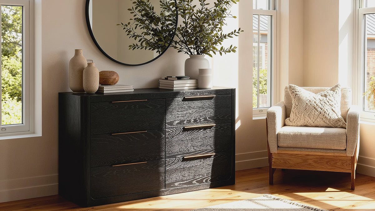 Load video: Liverpool Pine 6 Drawer Chest - Black