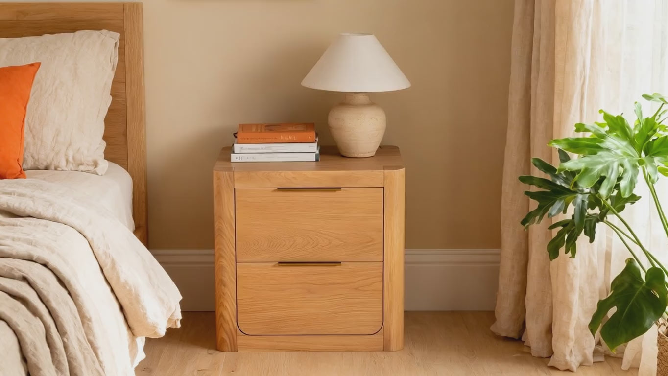 Load video: Liverpool Pine 2 Drawer Bedside Table - Natural