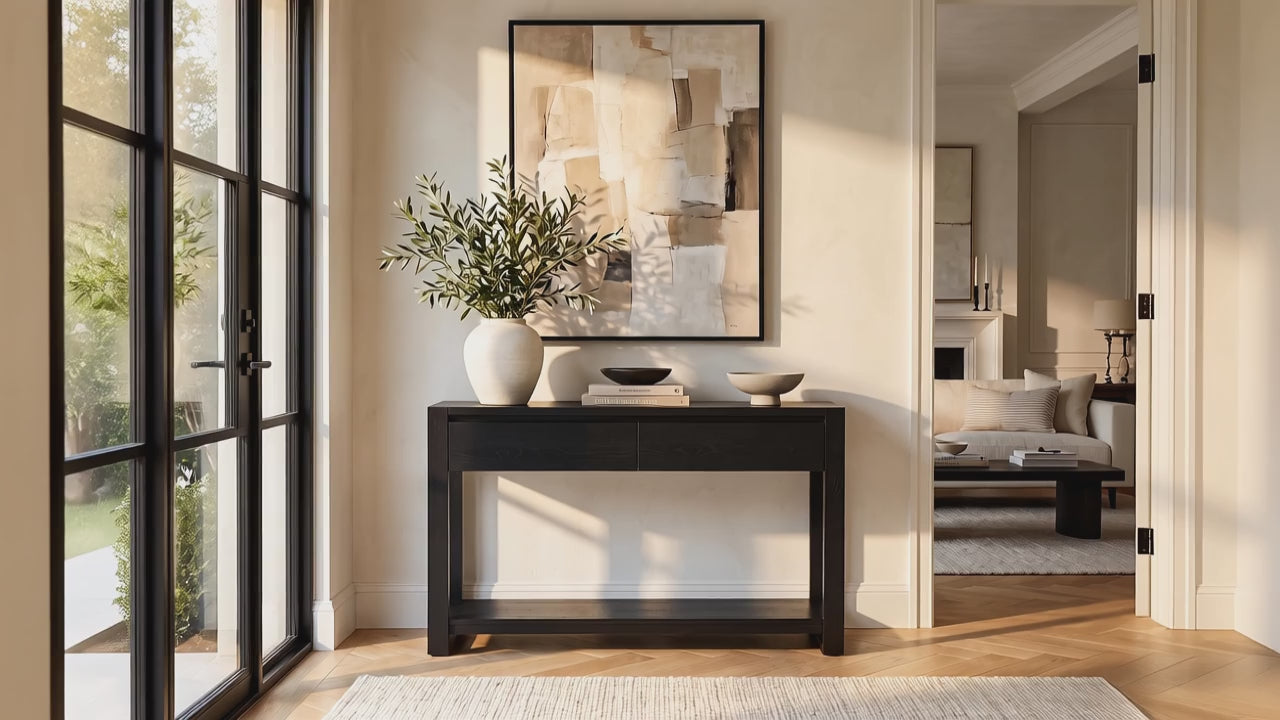 Load video: Richmond Pine 2 Drawer Console Table - Black