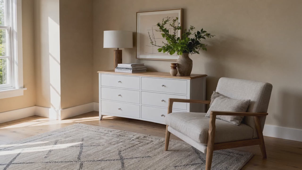 Load video: Bristol Pine 6 Drawer Chest with Mirror