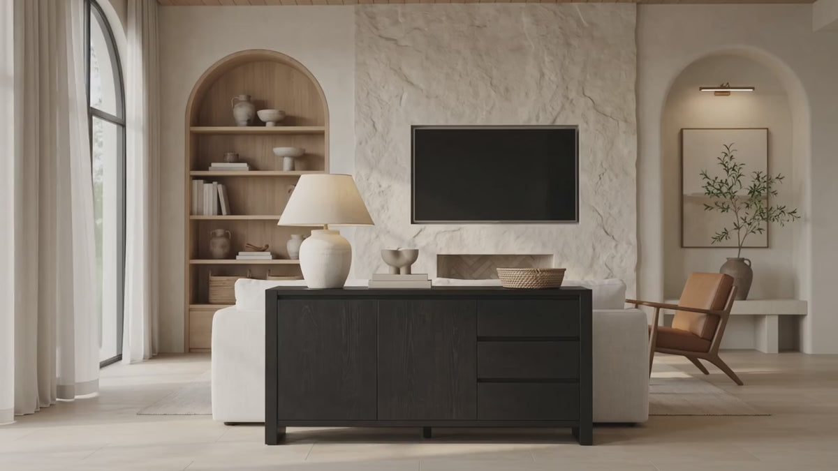Load video: Richmond Pine 2 Door 3 Drawer Sideboard - Black