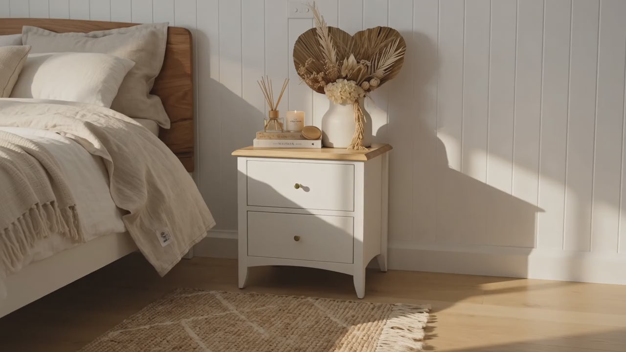 Load video: Bristol Pine 2 Drawer Bedside Table