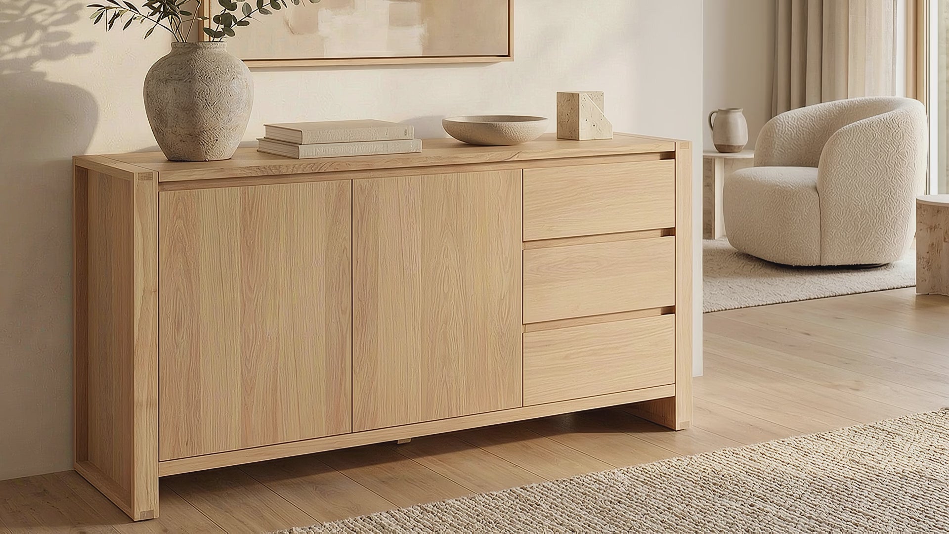 Load video: Richmond Pine 2 Door 3 Drawer Sideboard - Natural