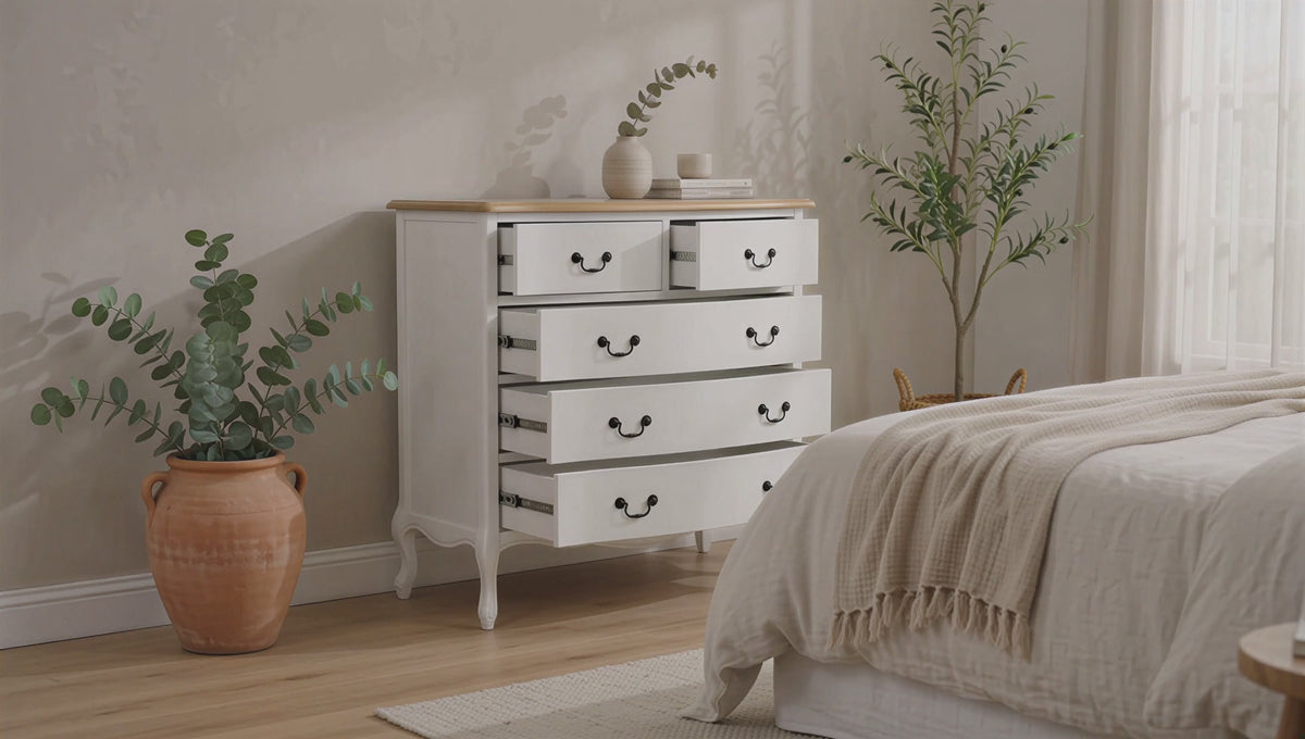 Load video: Newcastle Acacia 5 Drawer Tallboy
