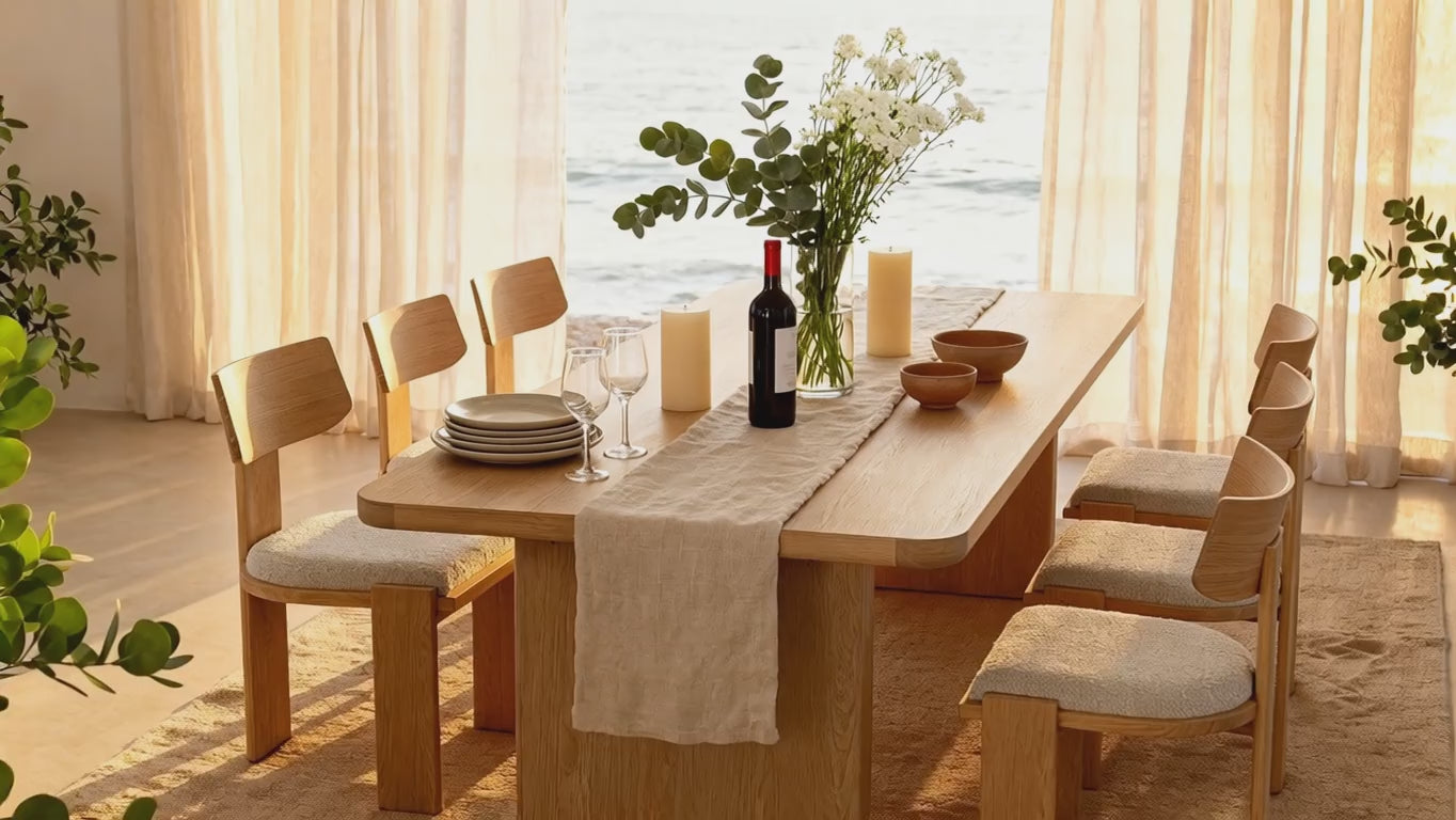 Load video: Liverpool Pine Dining Table 190cm with 6 Chairs - Natural