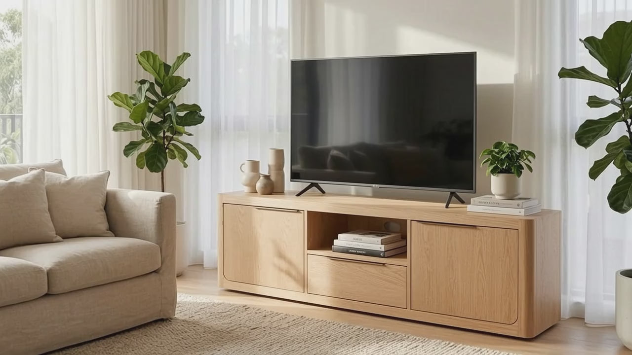Load video: Liverpool Pine 2 Door 1 Drawer TV Unit 180cm - Natural