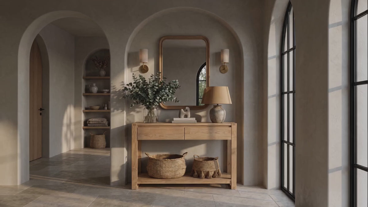 Load video: Richmond Pine 2 Drawer Console Table - Natural