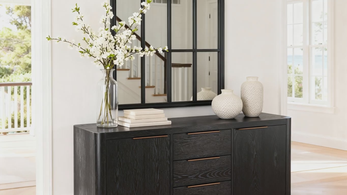 Load video: Liverpool Pine 2 Door 3 Drawer Sideboard - Black