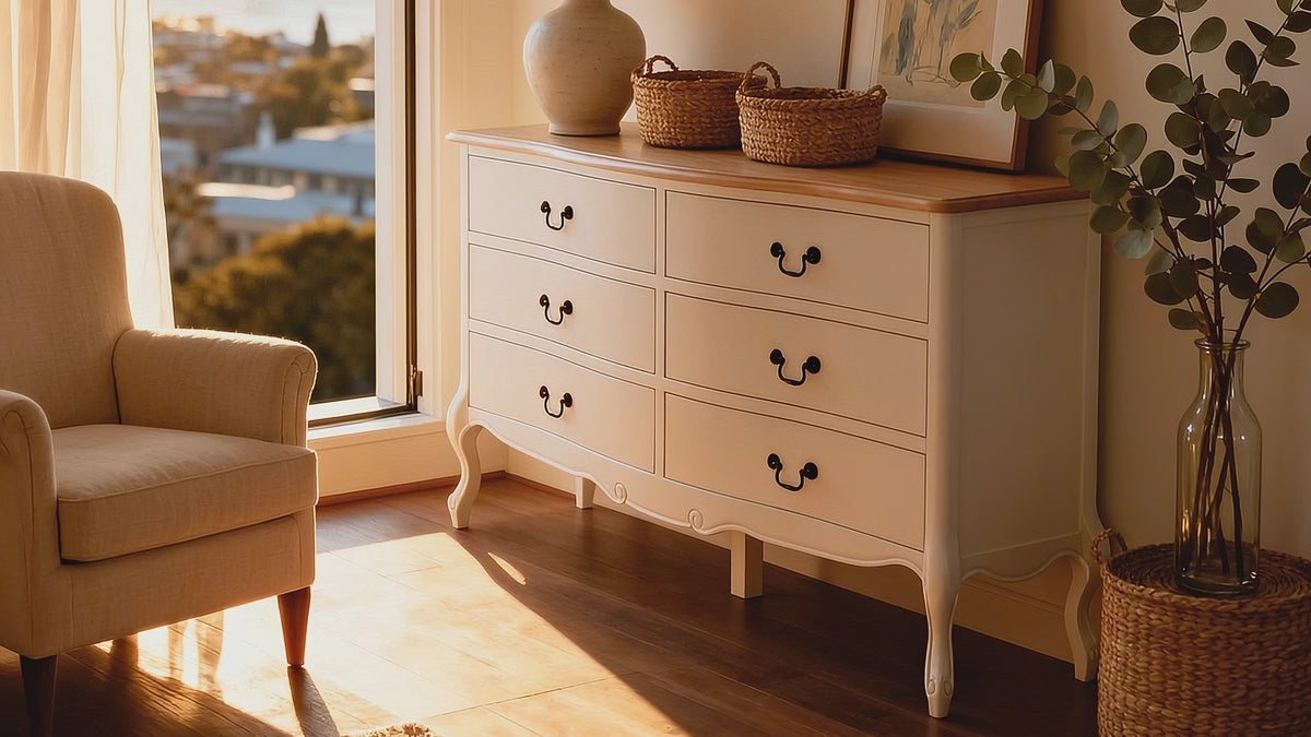 Load video: Newcastle Acacia 6 Drawer Chest