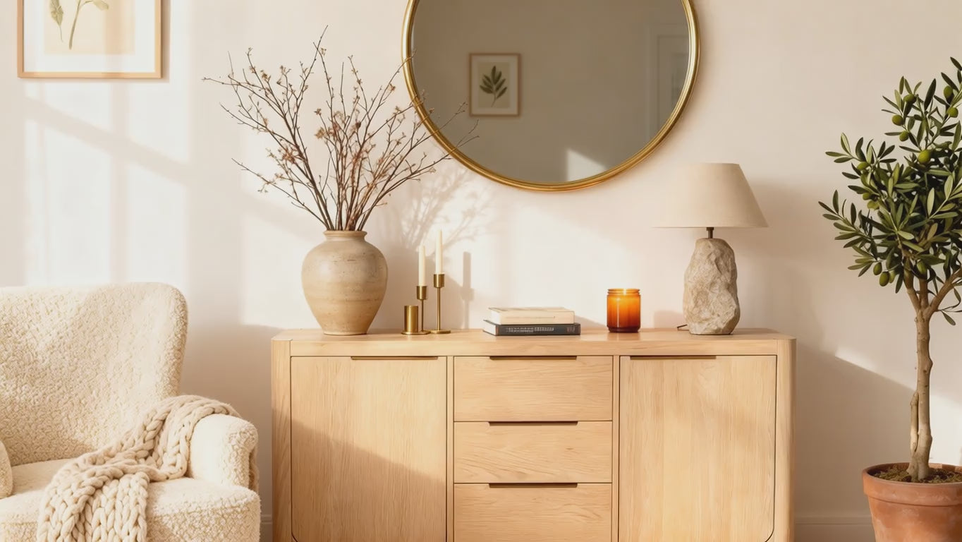 Load video: Liverpool Pine 2 Door 3 Drawer Sideboard - Natural