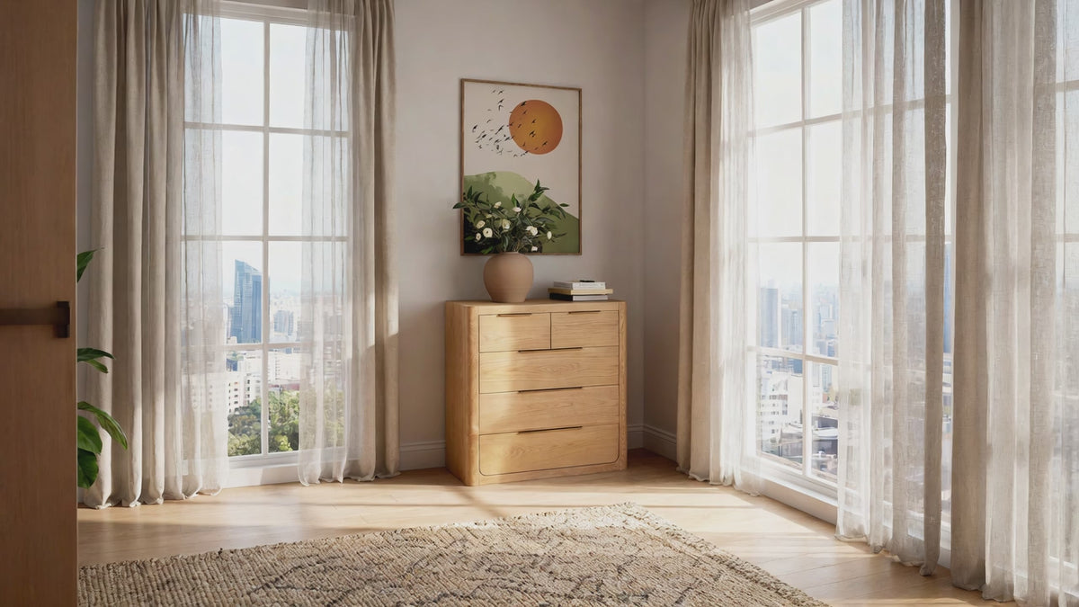 Load video: Liverpool Pine 5 Drawer Tallboy - Natural