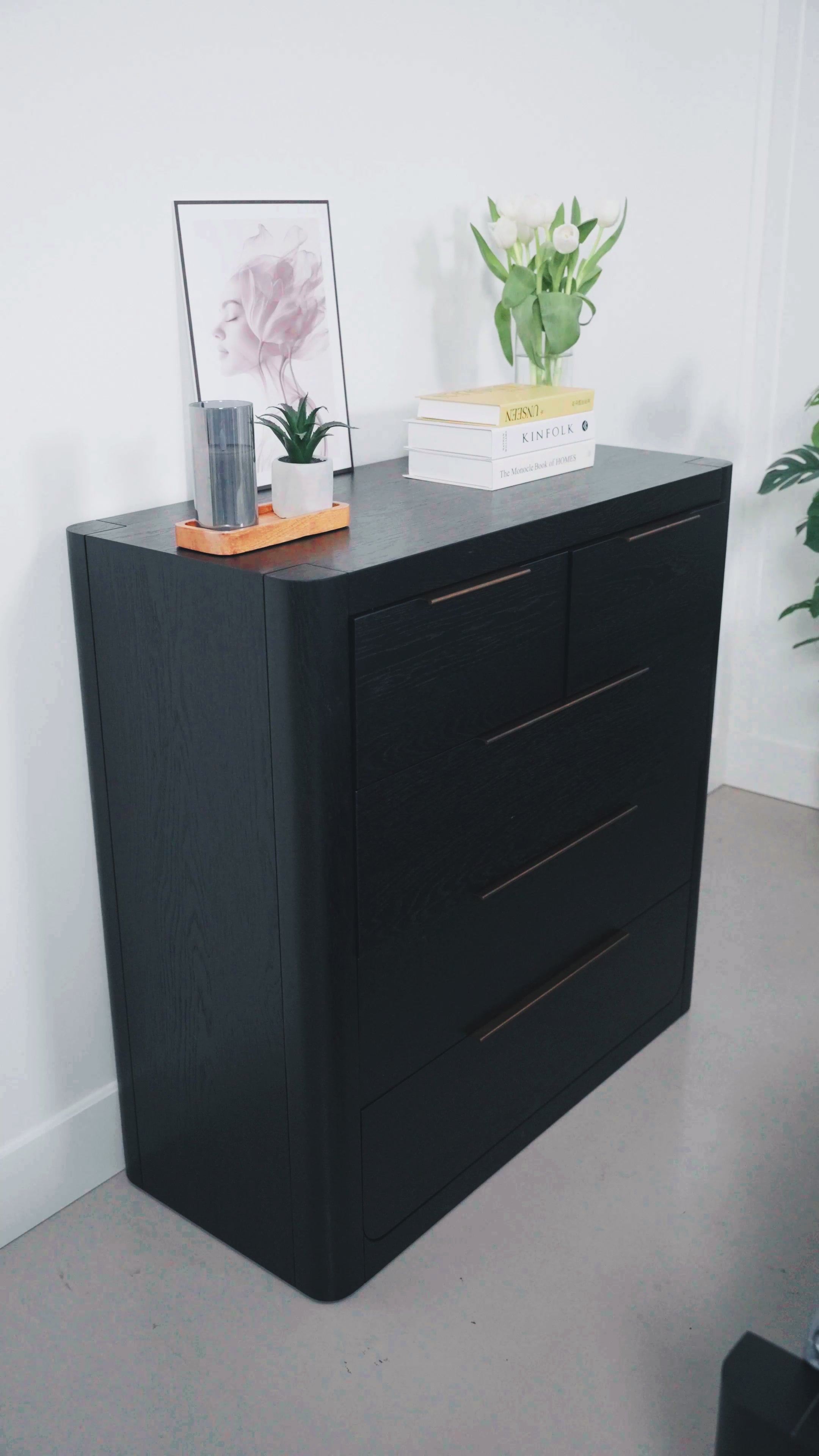 Load video: Liverpool Pine 5 Drawer Tallboy - Black