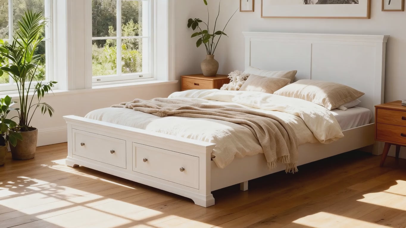 Load video: Manchester Pine Double Bed Frame with 2 Drawers