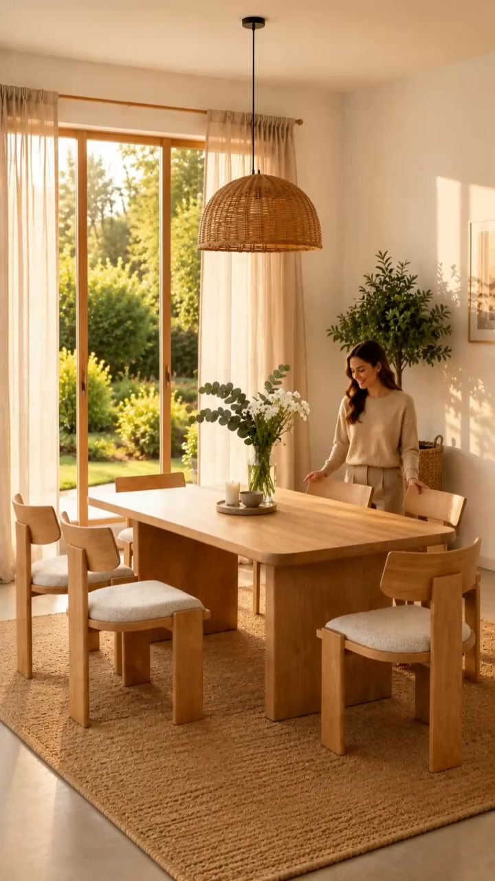 Load video: Liverpool Pine Dining Table 240cm with 6 Chairs - Natural